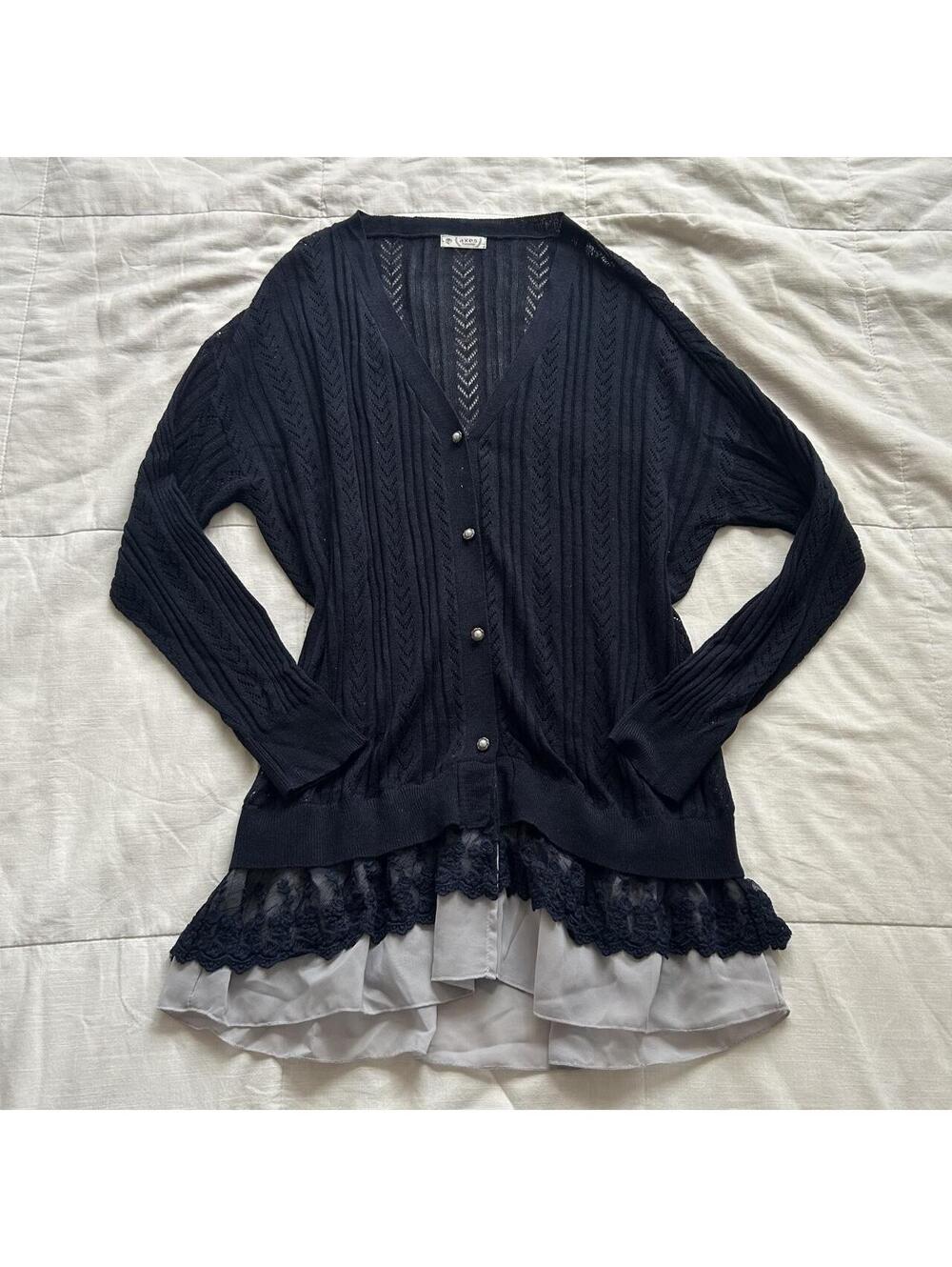 Axes Femme Navy Pointelle Lace Ruffle Long Cardigan Medium Japan